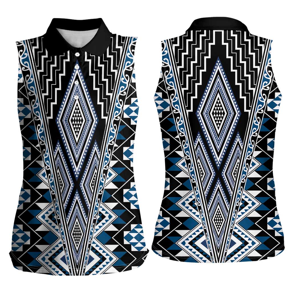 Blue Aotearoa Tukutuku and Poutama Motif Women Sleeveless Polo Shirt LT03 - Polynesian Pride