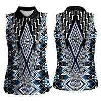 Blue Aotearoa Tukutuku and Poutama Motif Women Sleeveless Polo Shirt LT03 - Polynesian Pride