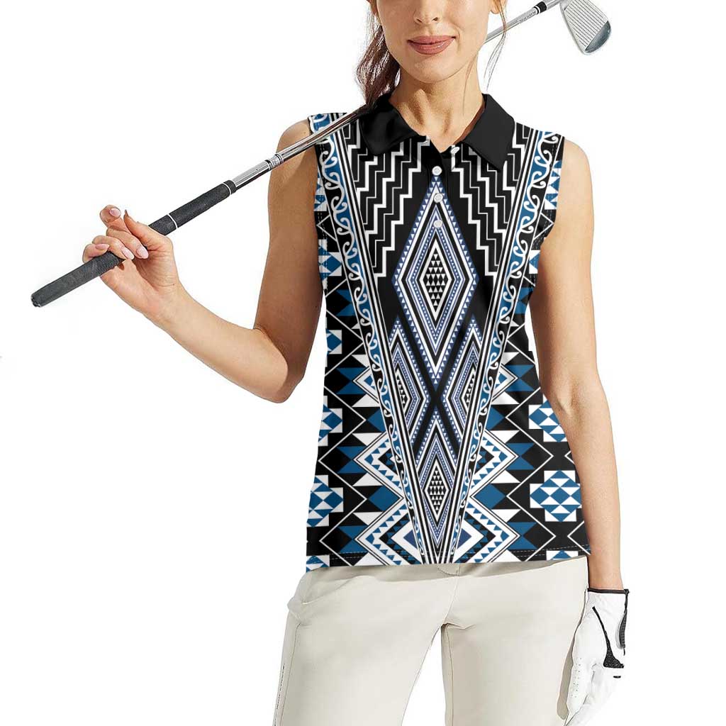 Blue Aotearoa Tukutuku and Poutama Motif Women Sleeveless Polo Shirt LT03 - Polynesian Pride