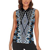 Blue Aotearoa Tukutuku and Poutama Motif Women Sleeveless Polo Shirt LT03 - Polynesian Pride