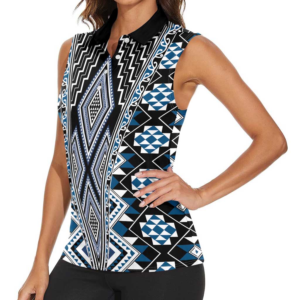 Blue Aotearoa Tukutuku and Poutama Motif Women Sleeveless Polo Shirt LT03 - Polynesian Pride