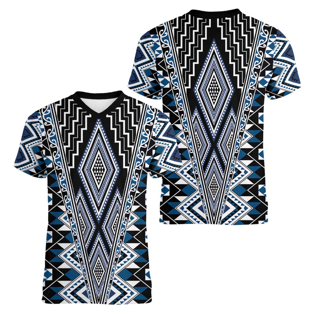 Blue Aotearoa Tukutuku and Poutama Motif Women V-Neck T-Shirt LT03 - Polynesian Pride