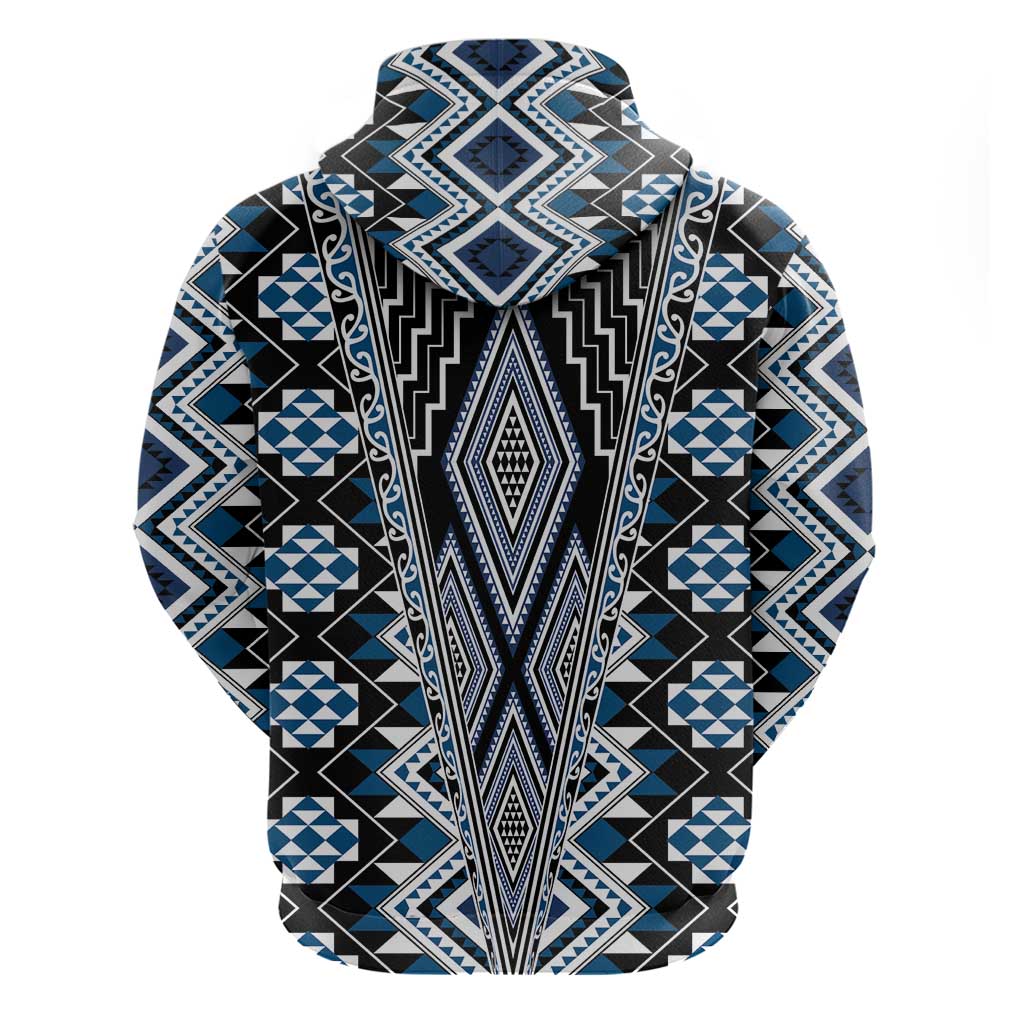 Blue Aotearoa Tukutuku and Poutama Motif Zip Hoodie