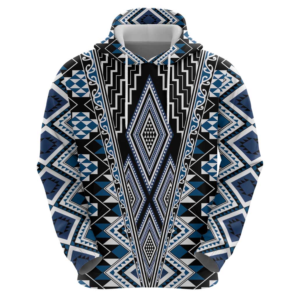 Blue Aotearoa Tukutuku and Poutama Motif Zip Hoodie