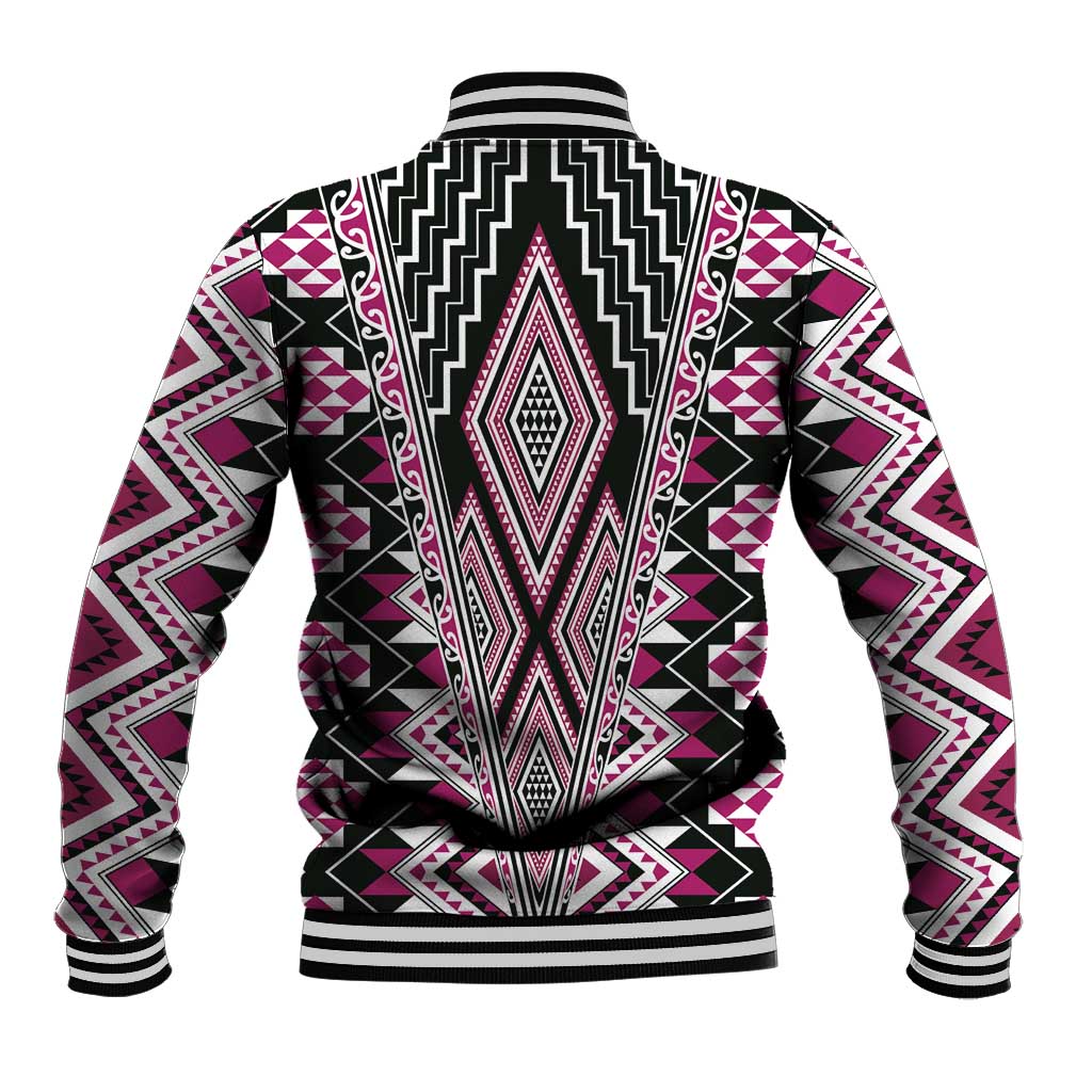 Pink Aotearoa Tukutuku and Poutama Motif Baseball Jacket