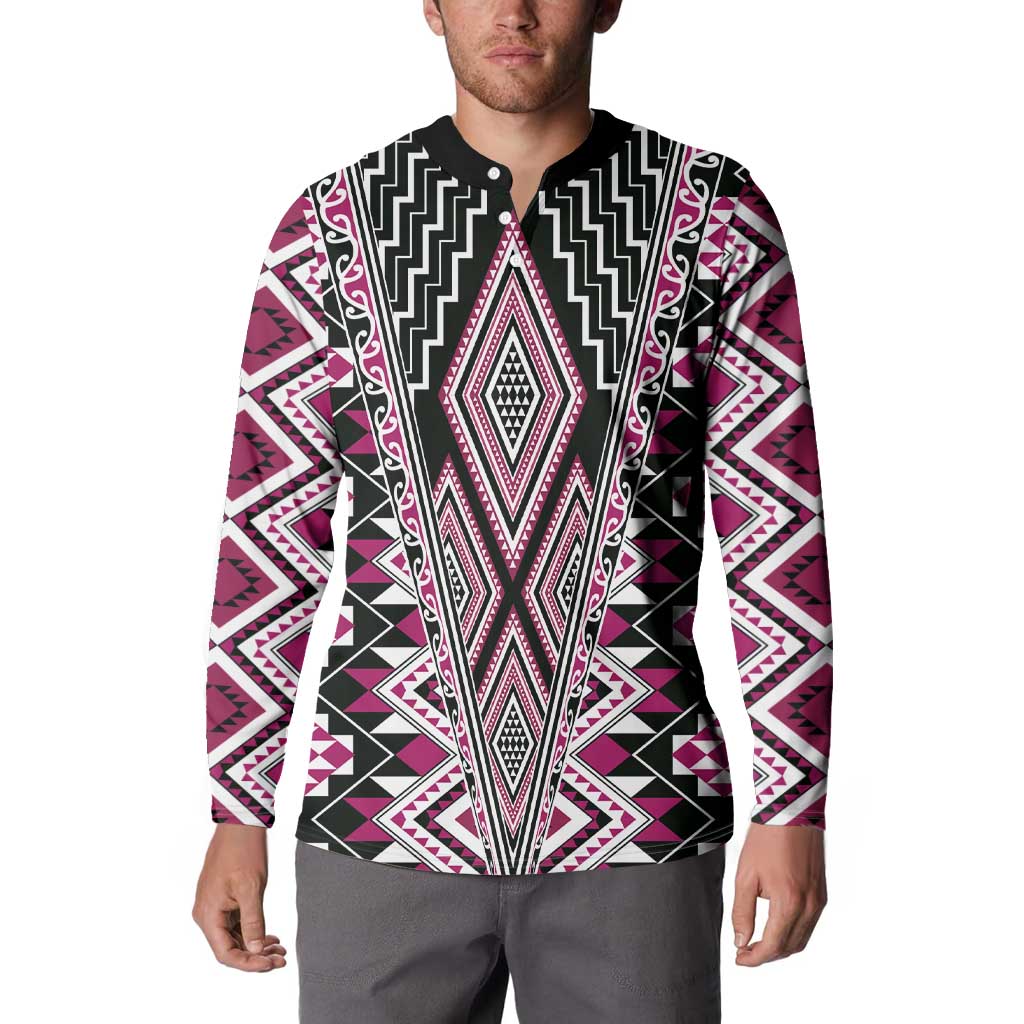 Pink Aotearoa Tukutuku and Poutama Motif Button Sweatshirt LT03 - Polynesian Pride