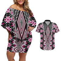 Pink Aotearoa Tukutuku and Poutama Motif Couples Matching Off Shoulder Short Dress and Hawaiian Shirt LT03 Pink - Polynesian Pride