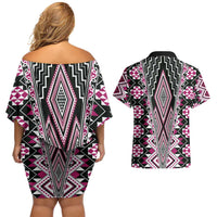 Pink Aotearoa Tukutuku and Poutama Motif Couples Matching Off Shoulder Short Dress and Hawaiian Shirt LT03 - Polynesian Pride