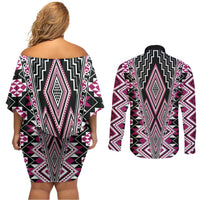 Pink Aotearoa Tukutuku and Poutama Motif Couples Matching Off Shoulder Short Dress and Long Sleeve Button Shirt LT03 - Polynesian Pride