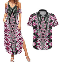 Pink Aotearoa Tukutuku and Poutama Motif Couples Matching Summer Maxi Dress and Hawaiian Shirt LT03 Pink - Polynesian Pride