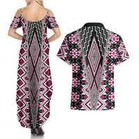 Pink Aotearoa Tukutuku and Poutama Motif Couples Matching Summer Maxi Dress and Hawaiian Shirt LT03 - Polynesian Pride