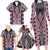 Pink Aotearoa Tukutuku and Poutama Motif Family Matching Long Sleeve Bodycon Dress and Hawaiian Shirt LT03 - Polynesian Pride