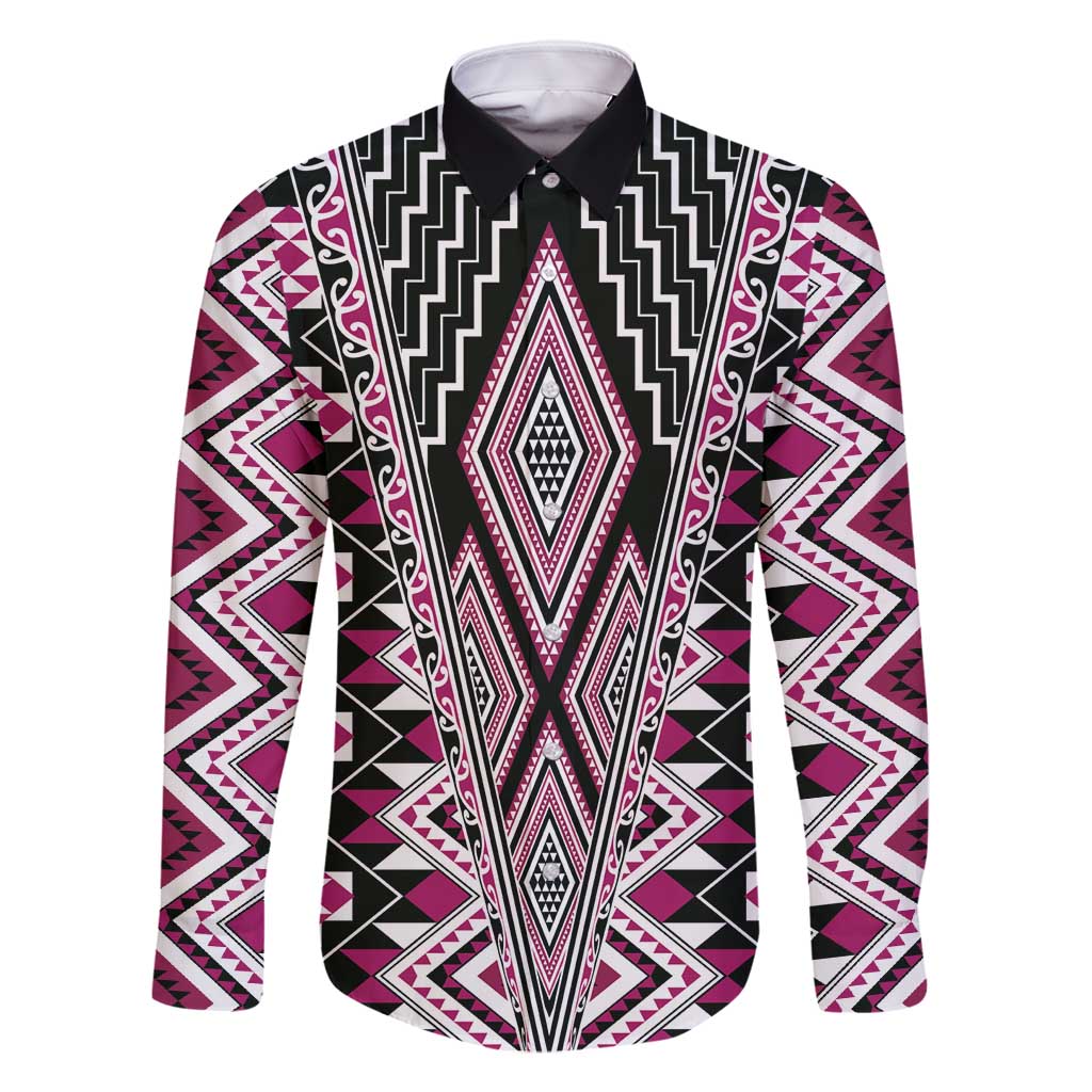 Pink Aotearoa Tukutuku and Poutama Motif Family Matching Long Sleeve Bodycon Dress and Hawaiian Shirt LT03 Dad's Shirt - Long Sleeve Pink - Polynesian Pride
