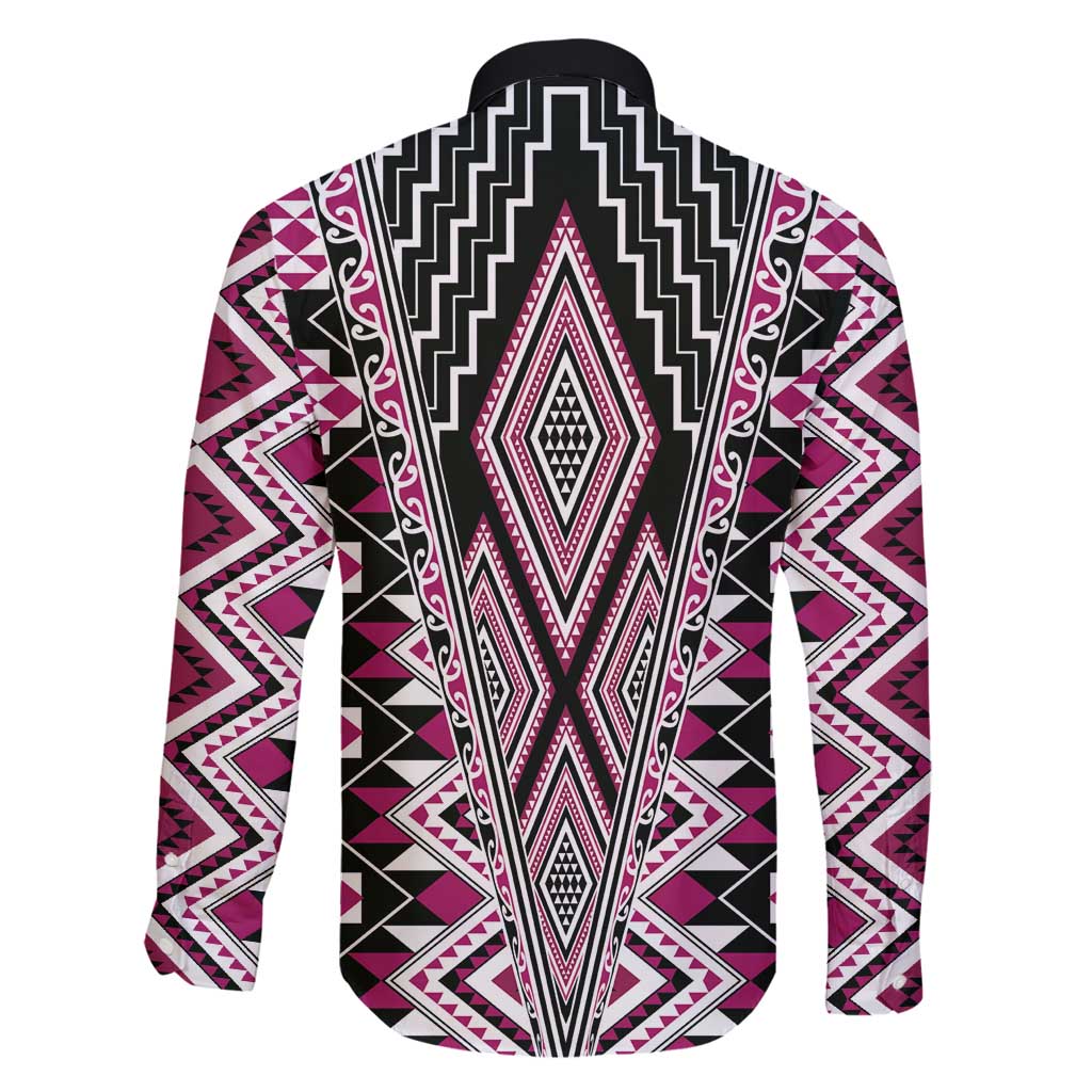 Pink Aotearoa Tukutuku and Poutama Motif Family Matching Long Sleeve Bodycon Dress and Hawaiian Shirt LT03 - Polynesian Pride