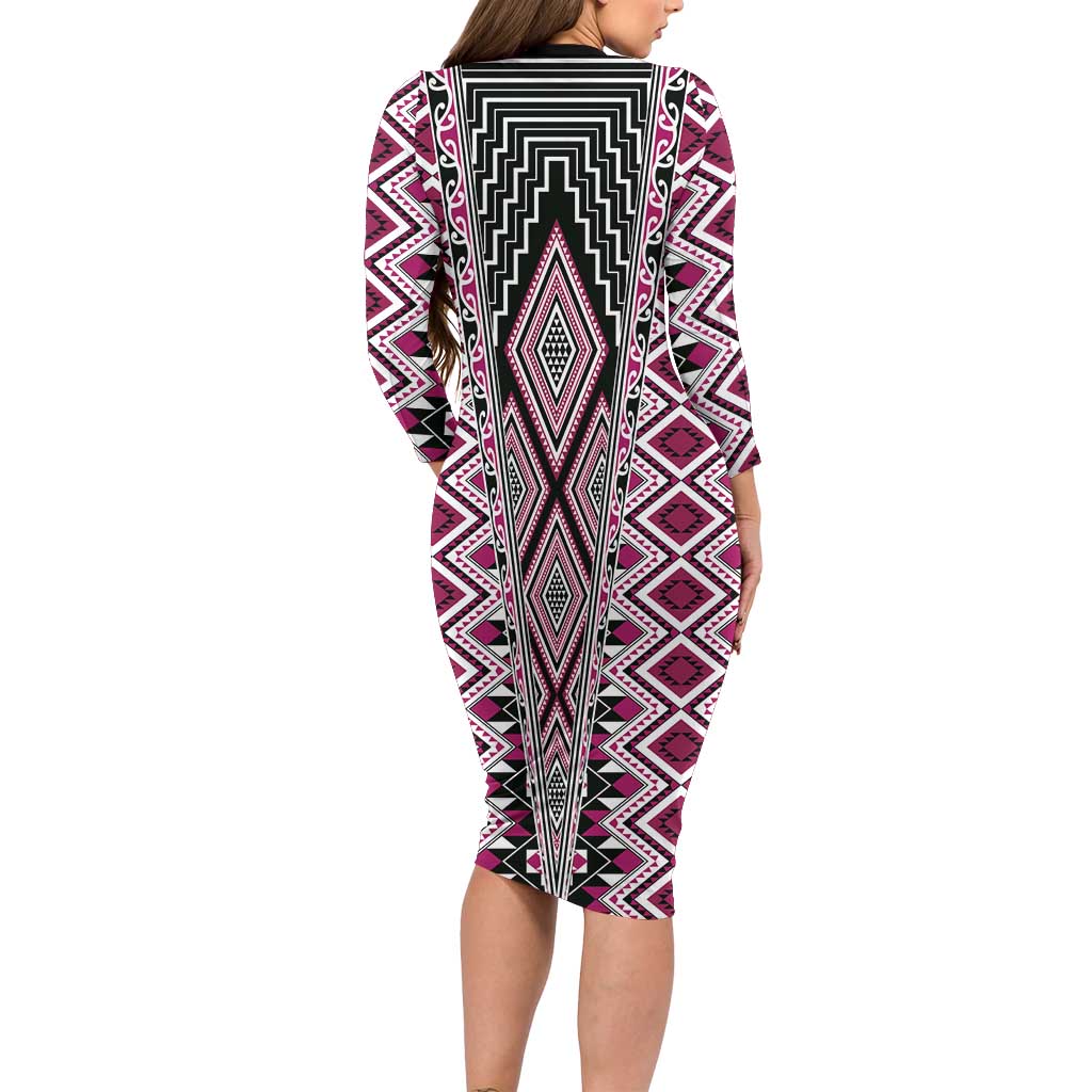 Pink Aotearoa Tukutuku and Poutama Motif Family Matching Long Sleeve Bodycon Dress and Hawaiian Shirt LT03 - Polynesian Pride