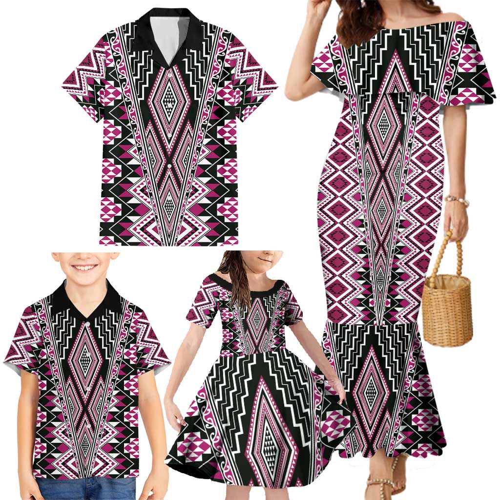 Pink Aotearoa Tukutuku and Poutama Motif Family Matching Mermaid Dress and Hawaiian Shirt LT03 - Polynesian Pride