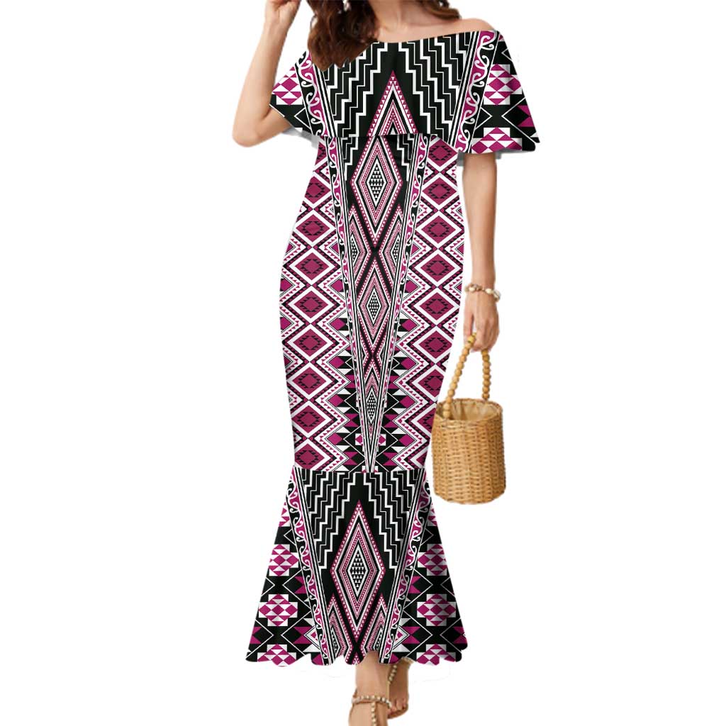 Pink Aotearoa Tukutuku and Poutama Motif Family Matching Mermaid Dress and Hawaiian Shirt LT03 Mom's Dress Pink - Polynesian Pride