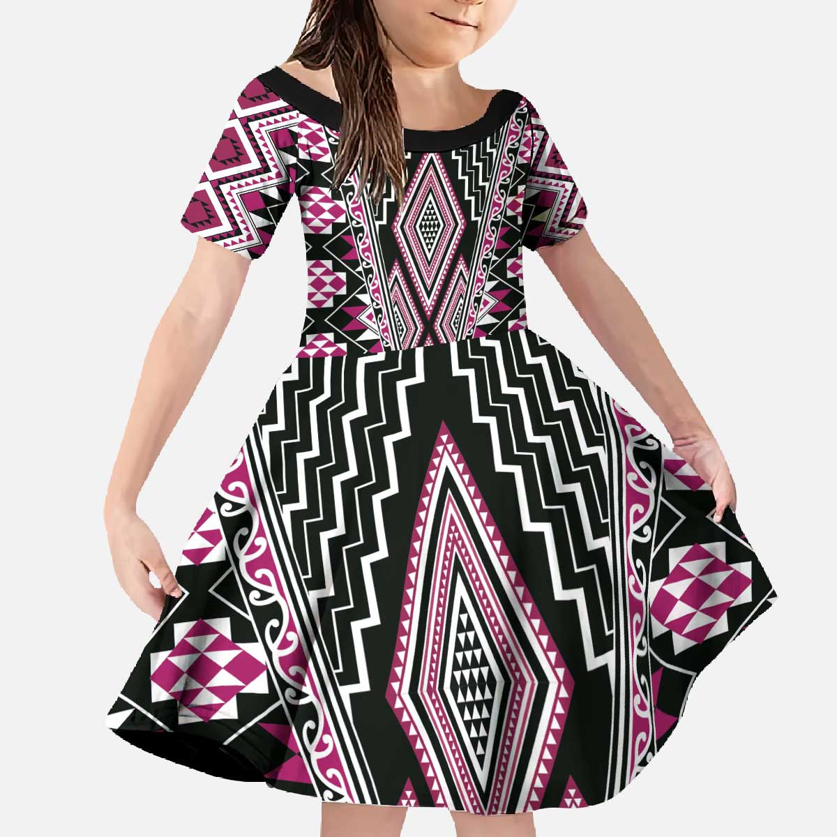 Pink Aotearoa Tukutuku and Poutama Motif Family Matching Off The Shoulder Long Sleeve Dress and Hawaiian Shirt