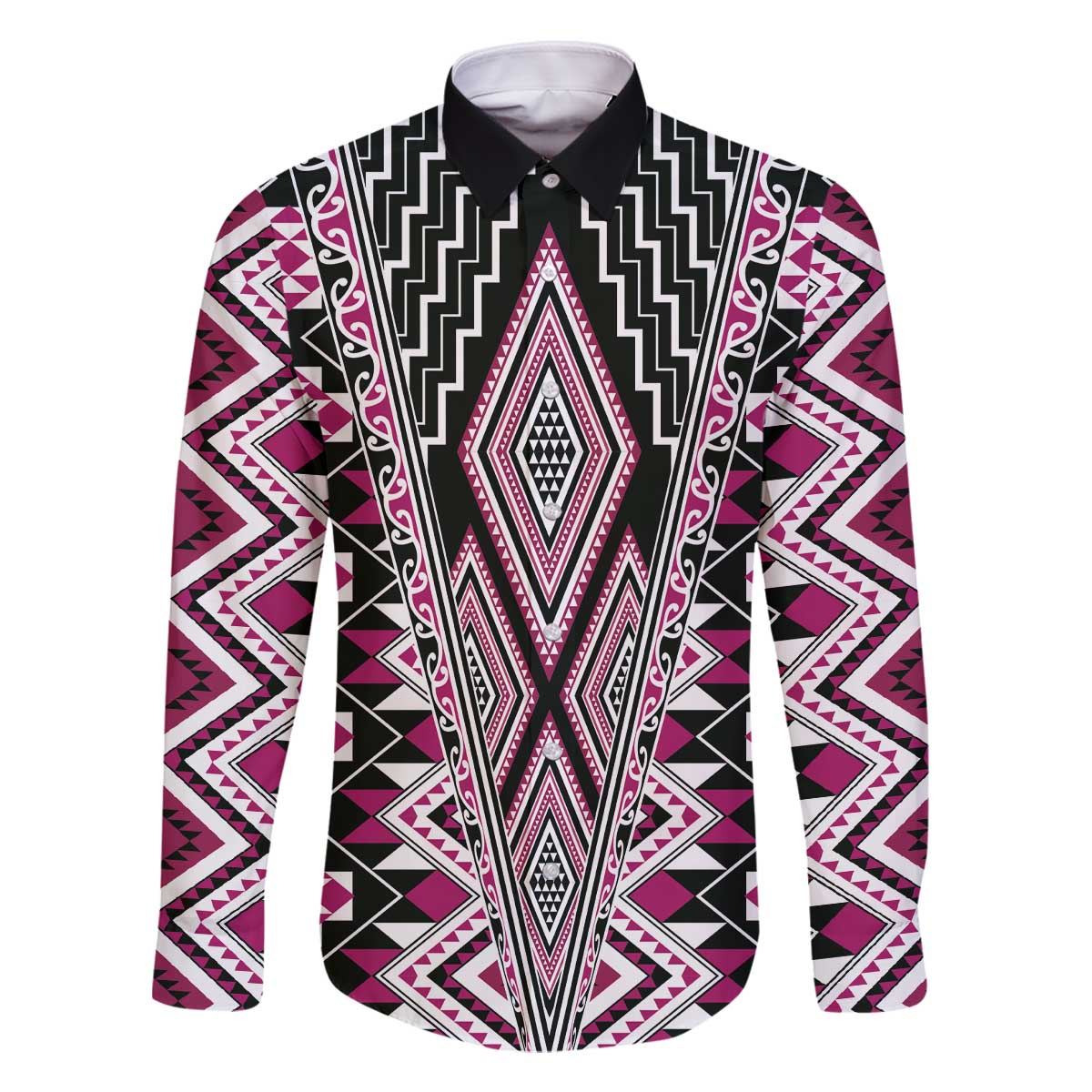Pink Aotearoa Tukutuku and Poutama Motif Family Matching Off The Shoulder Long Sleeve Dress and Hawaiian Shirt