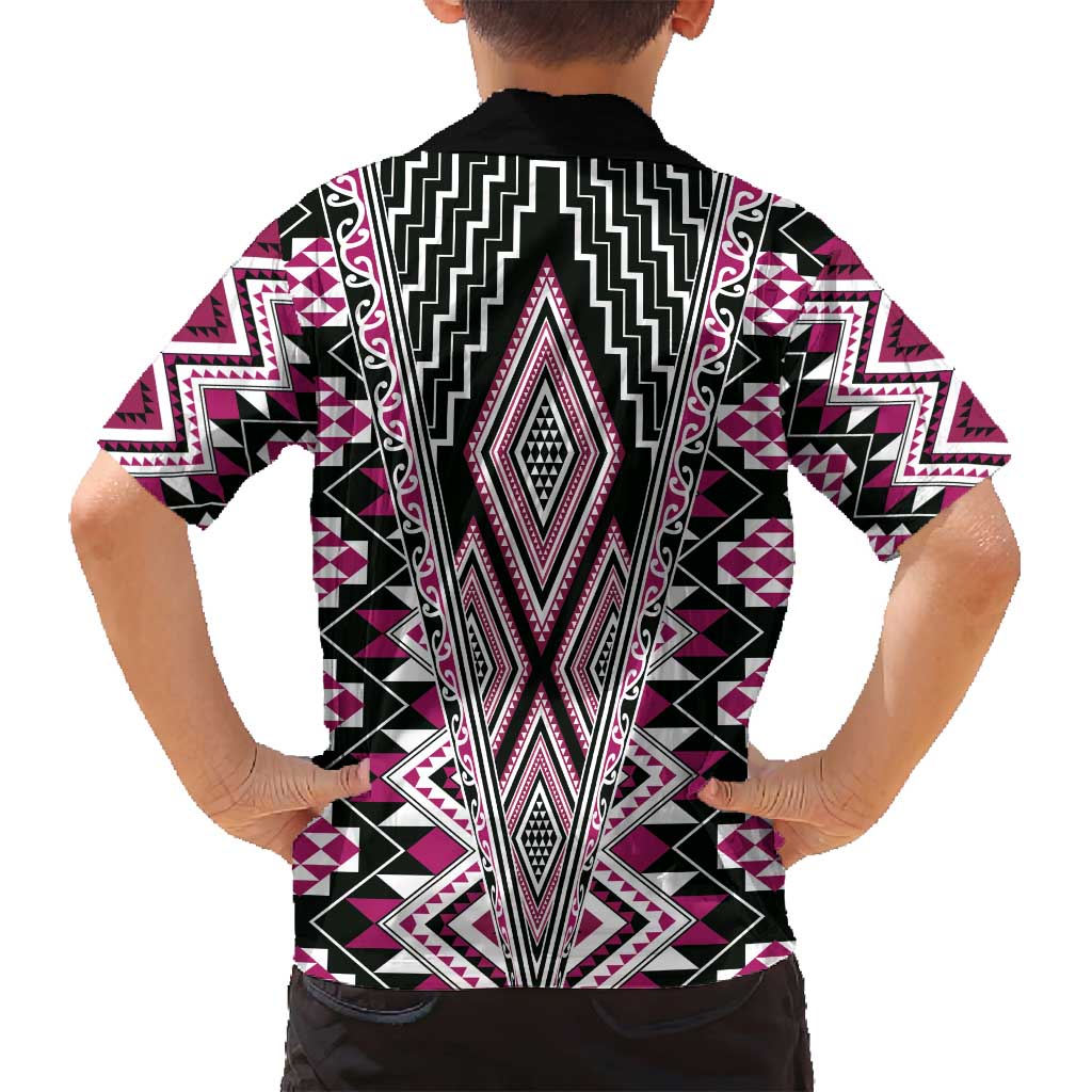Pink Aotearoa Tukutuku and Poutama Motif Family Matching Off Shoulder Maxi Dress and Hawaiian Shirt LT03 - Polynesian Pride