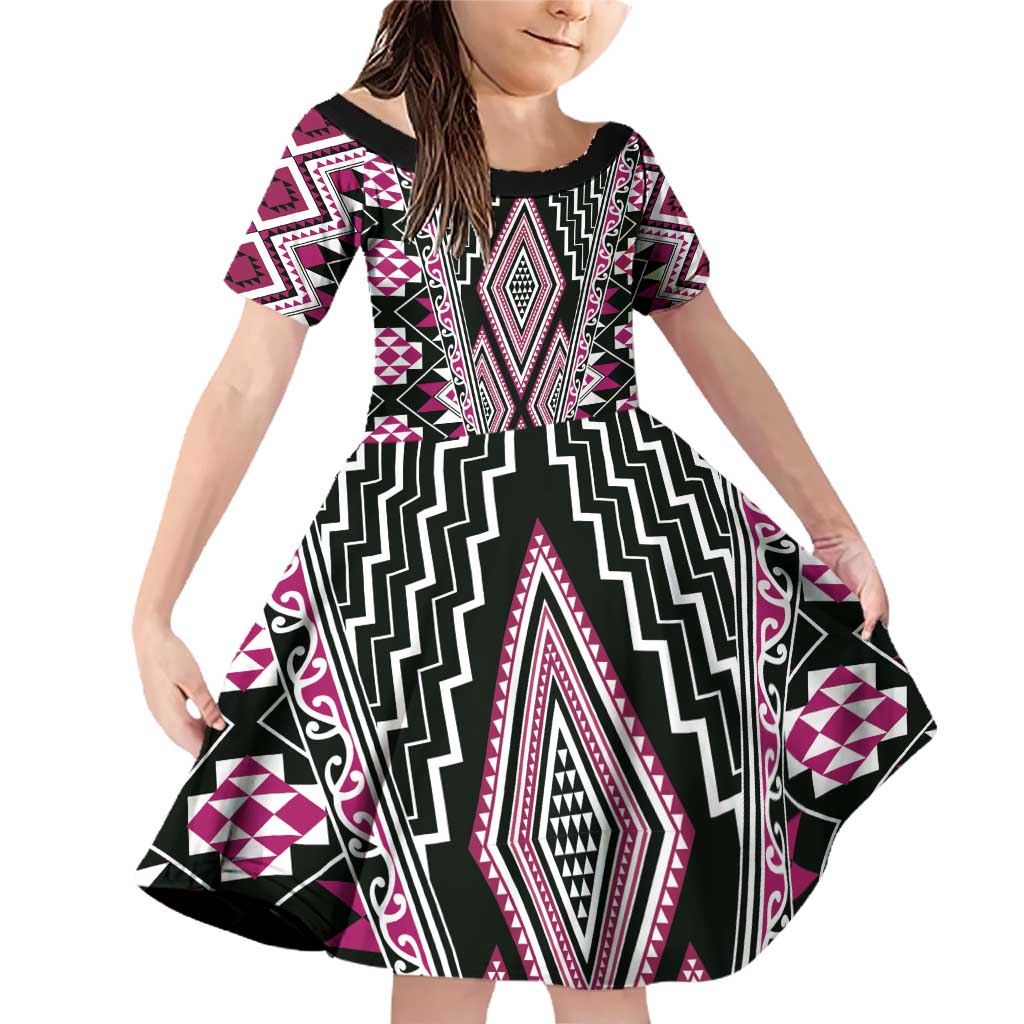 Pink Aotearoa Tukutuku and Poutama Motif Family Matching Off Shoulder Short Dress and Hawaiian Shirt LT03 Daughter's Dress Pink - Polynesian Pride