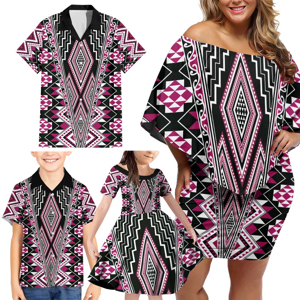 Pink Aotearoa Tukutuku and Poutama Motif Family Matching Off Shoulder Short Dress and Hawaiian Shirt LT03 - Polynesian Pride
