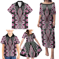 Pink Aotearoa Tukutuku and Poutama Motif Family Matching Puletasi and Hawaiian Shirt LT03 - Polynesian Pride
