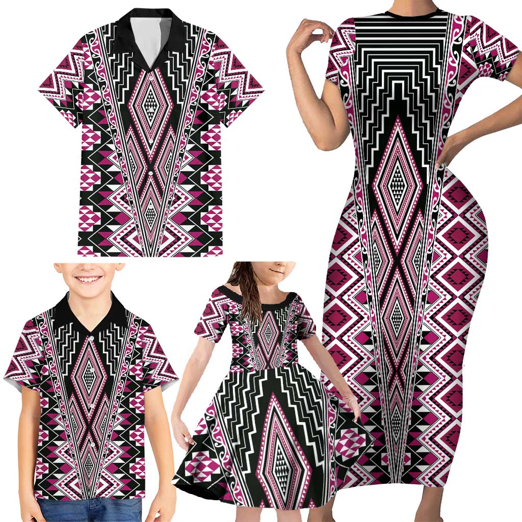 Pink Aotearoa Tukutuku and Poutama Motif Family Matching Short Sleeve Bodycon Dress and Hawaiian Shirt LT03 - Polynesian Pride