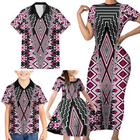 Pink Aotearoa Tukutuku and Poutama Motif Family Matching Short Sleeve Bodycon Dress and Hawaiian Shirt LT03 - Polynesian Pride