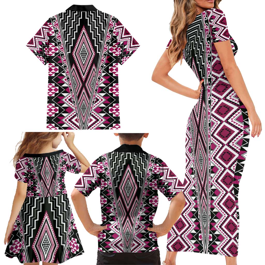 Pink Aotearoa Tukutuku and Poutama Motif Family Matching Short Sleeve Bodycon Dress and Hawaiian Shirt LT03 - Polynesian Pride