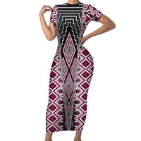 Pink Aotearoa Tukutuku and Poutama Motif Family Matching Short Sleeve Bodycon Dress and Hawaiian Shirt LT03 Mom's Dress Pink - Polynesian Pride