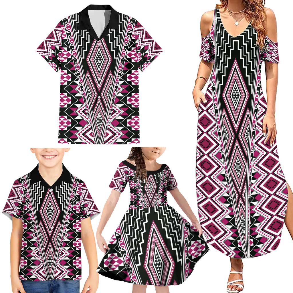 Pink Aotearoa Tukutuku and Poutama Motif Family Matching Summer Maxi Dress and Hawaiian Shirt LT03 - Polynesian Pride