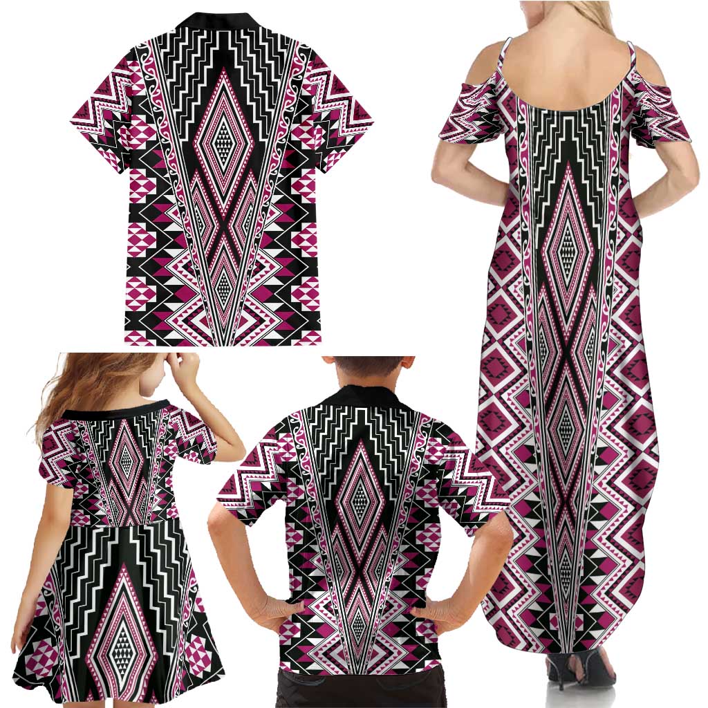 Pink Aotearoa Tukutuku and Poutama Motif Family Matching Summer Maxi Dress and Hawaiian Shirt LT03 - Polynesian Pride