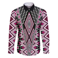 Pink Aotearoa Tukutuku and Poutama Motif Family Matching Summer Maxi Dress and Hawaiian Shirt LT03 Dad's Shirt - Long Sleeve Pink - Polynesian Pride