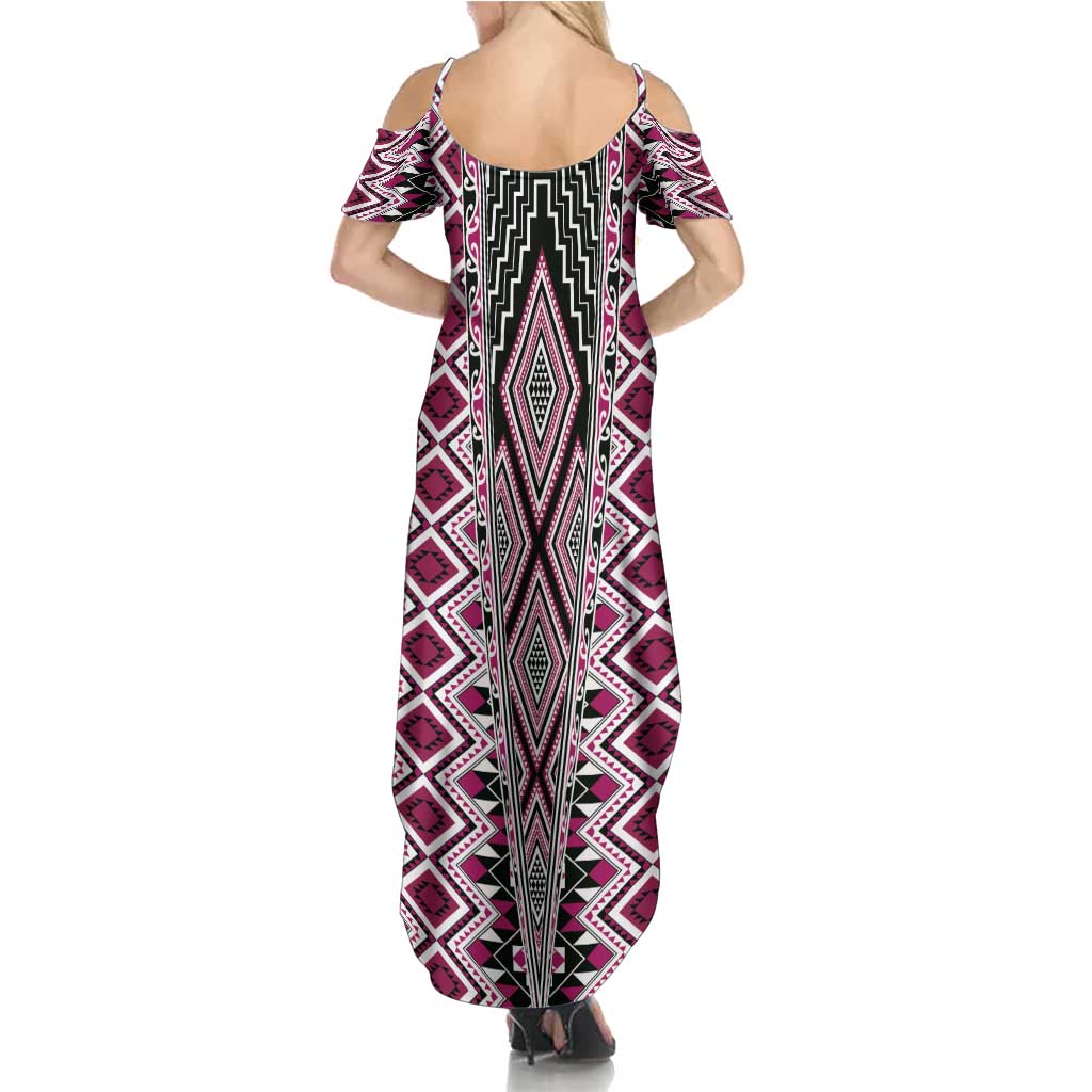 Pink Aotearoa Tukutuku and Poutama Motif Family Matching Summer Maxi Dress and Hawaiian Shirt LT03 - Polynesian Pride