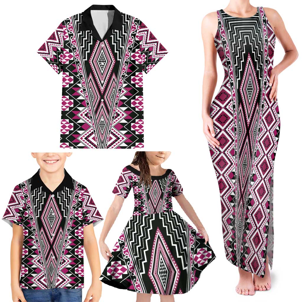 Pink Aotearoa Tukutuku and Poutama Motif Family Matching Tank Maxi Dress and Hawaiian Shirt LT03 - Polynesian Pride