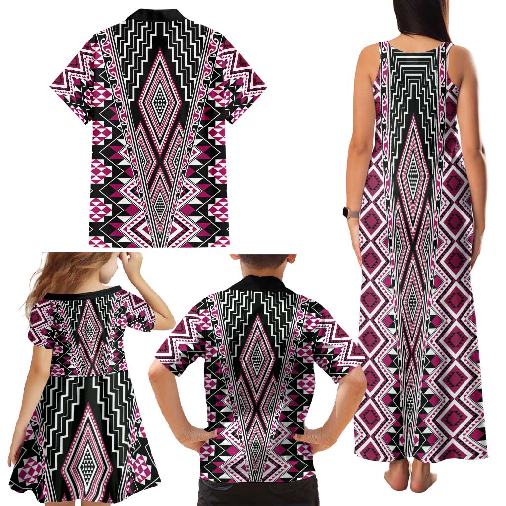 Pink Aotearoa Tukutuku and Poutama Motif Family Matching Tank Maxi Dress and Hawaiian Shirt LT03 - Polynesian Pride