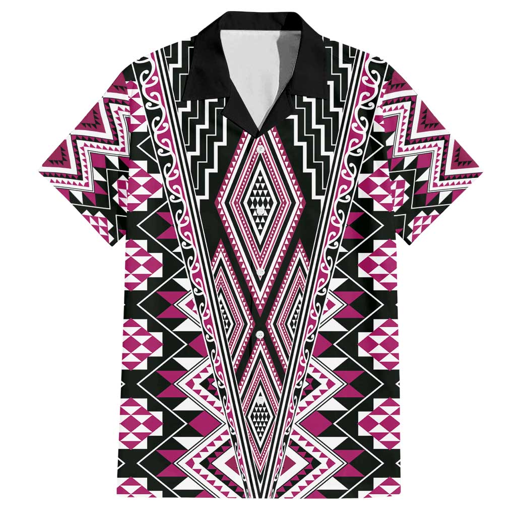 Pink Aotearoa Tukutuku and Poutama Motif Family Matching Tank Maxi Dress and Hawaiian Shirt LT03 Dad's Shirt - Short Sleeve Pink - Polynesian Pride