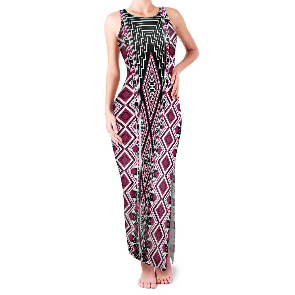 Pink Aotearoa Tukutuku and Poutama Motif Family Matching Tank Maxi Dress and Hawaiian Shirt LT03 Mom's Dress Pink - Polynesian Pride