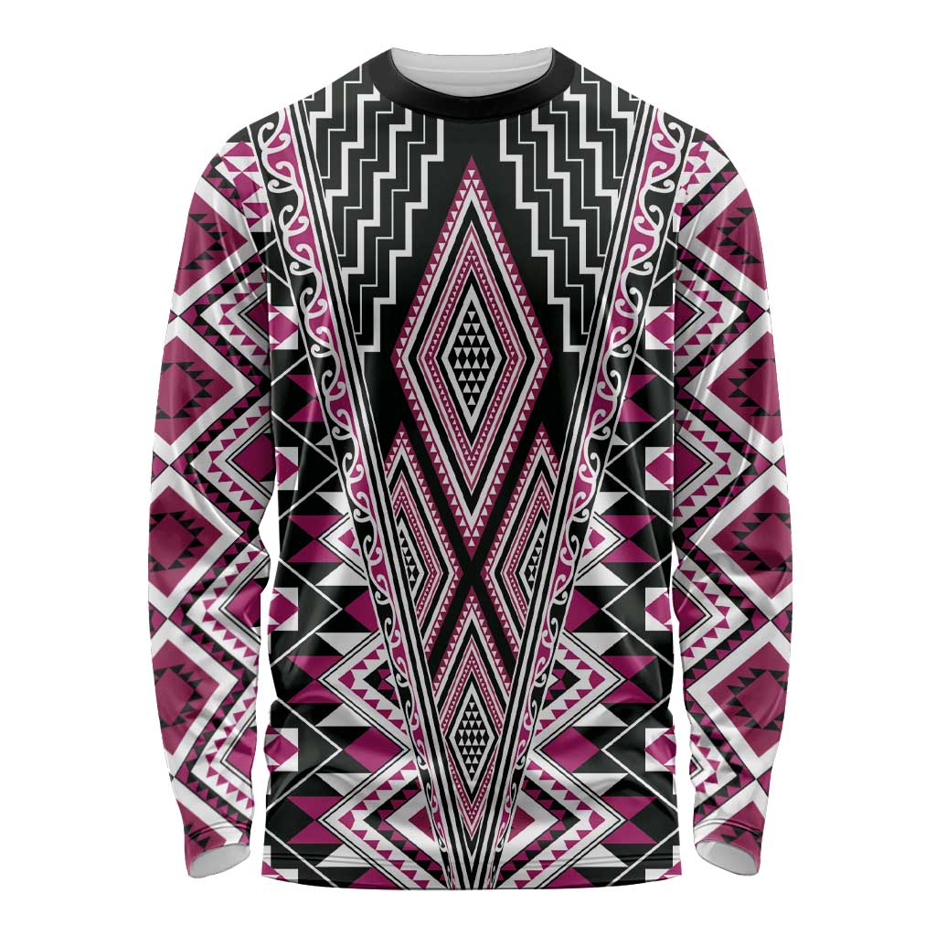 Pink Aotearoa Tukutuku and Poutama Motif Long Sleeve Shirt LT03 Unisex Pink - Polynesian Pride