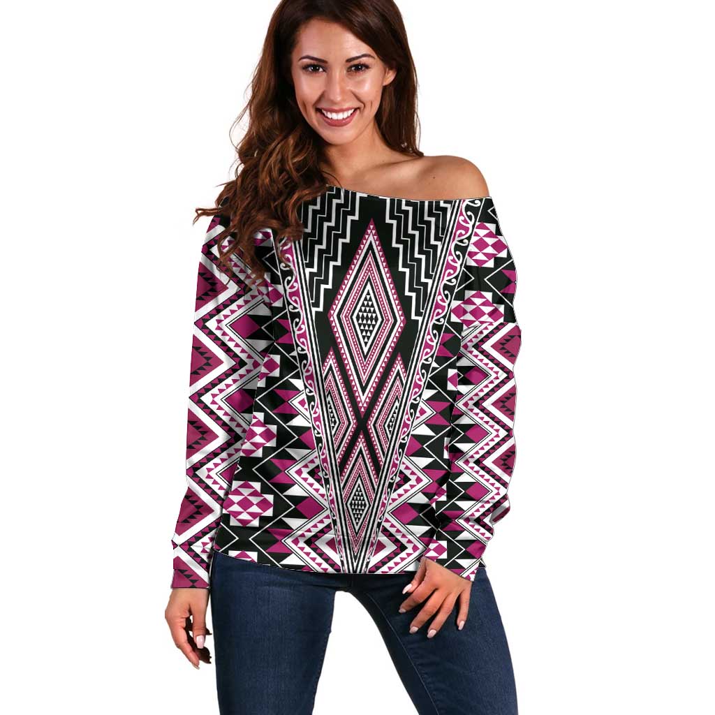 Pink Aotearoa Tukutuku and Poutama Motif Off Shoulder Sweater
