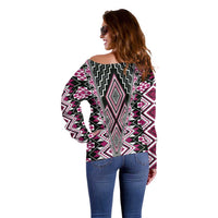 Pink Aotearoa Tukutuku and Poutama Motif Off Shoulder Sweater