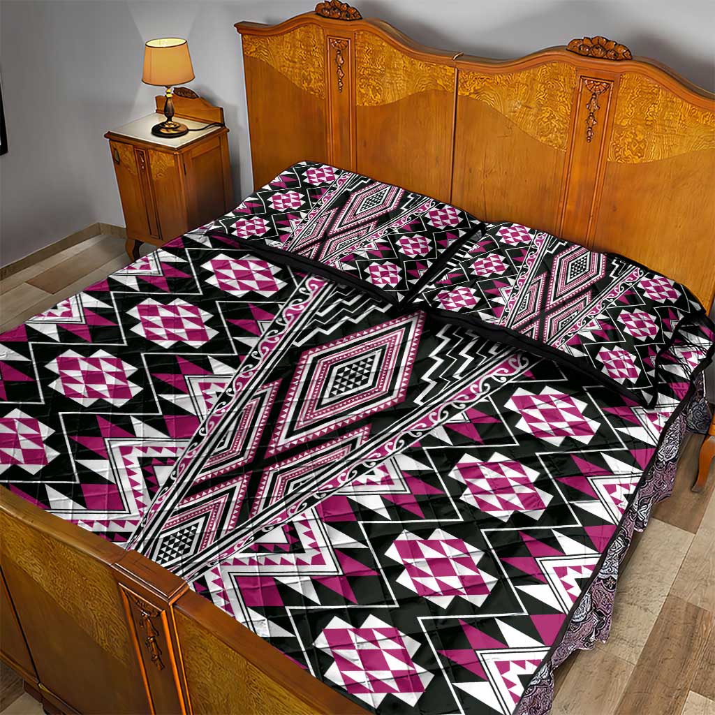 Pink Aotearoa Tukutuku and Poutama Motif Quilt Bed Set