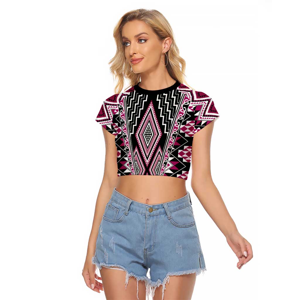 Pink Aotearoa Tukutuku and Poutama Motif Raglan Cropped T Shirt LT03 Female Pink - Polynesian Pride