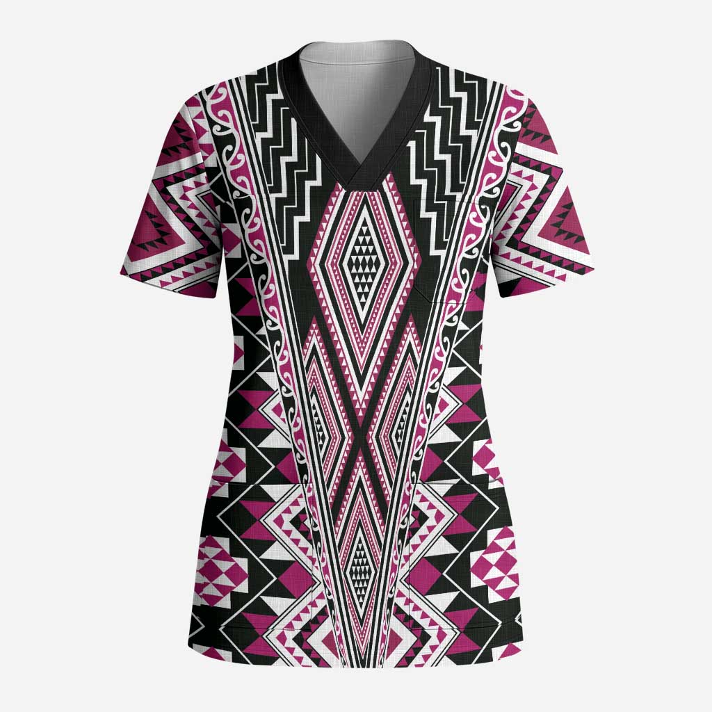 Pink Aotearoa Tukutuku and Poutama Motif Scrub Top - Polynesian Pride