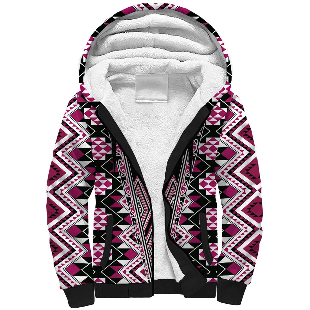 Pink Aotearoa Tukutuku and Poutama Motif Sherpa Hoodie