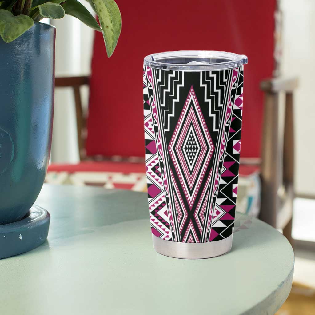 Pink Aotearoa Tukutuku and Poutama Motif Tumbler Cup LT03 - Polynesian Pride
