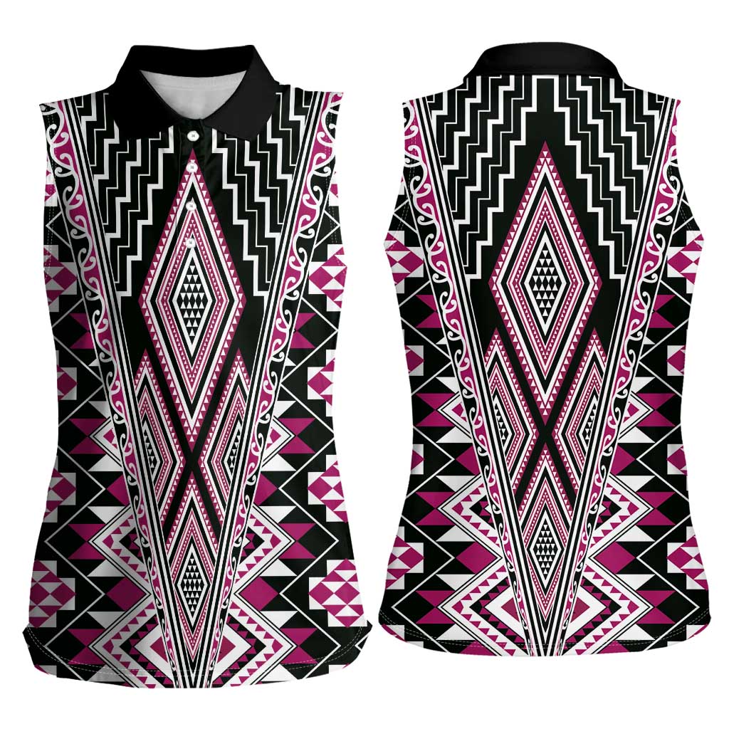 Pink Aotearoa Tukutuku and Poutama Motif Women Sleeveless Polo Shirt LT03 - Polynesian Pride