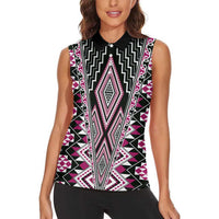 Pink Aotearoa Tukutuku and Poutama Motif Women Sleeveless Polo Shirt LT03 - Polynesian Pride