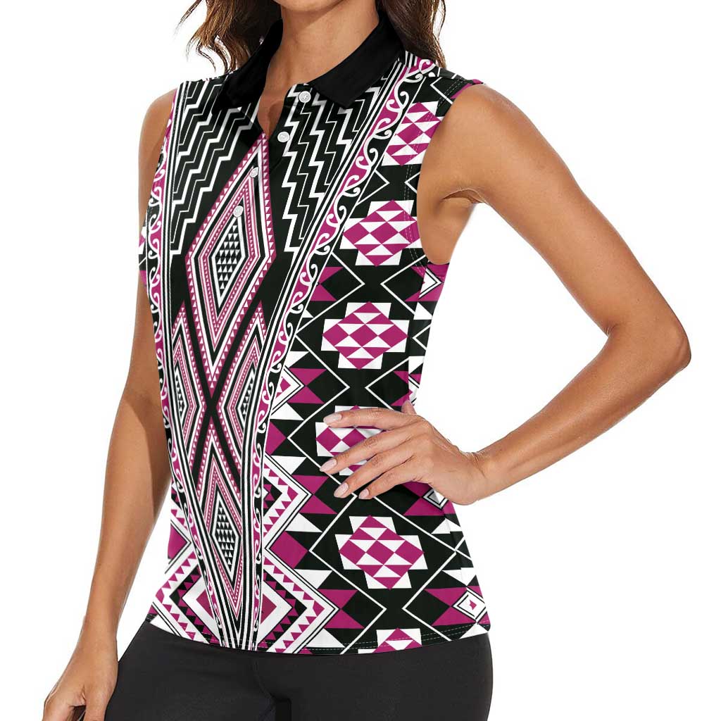 Pink Aotearoa Tukutuku and Poutama Motif Women Sleeveless Polo Shirt LT03 - Polynesian Pride
